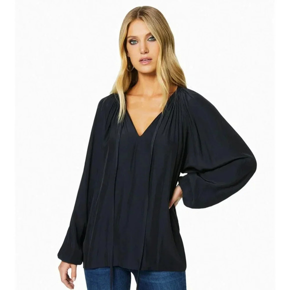 Ramy Brook | Paris LS Silk Peasant Blouse - Black / Sz S - Picture 2 of 11